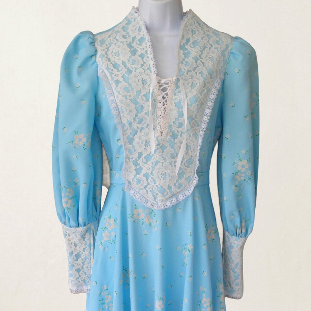 Vintage 70s Blue Prairie Maxi Dress Gunne Sax Style XS Lace Up Cottagecore Boho - Picture 2 of 11
